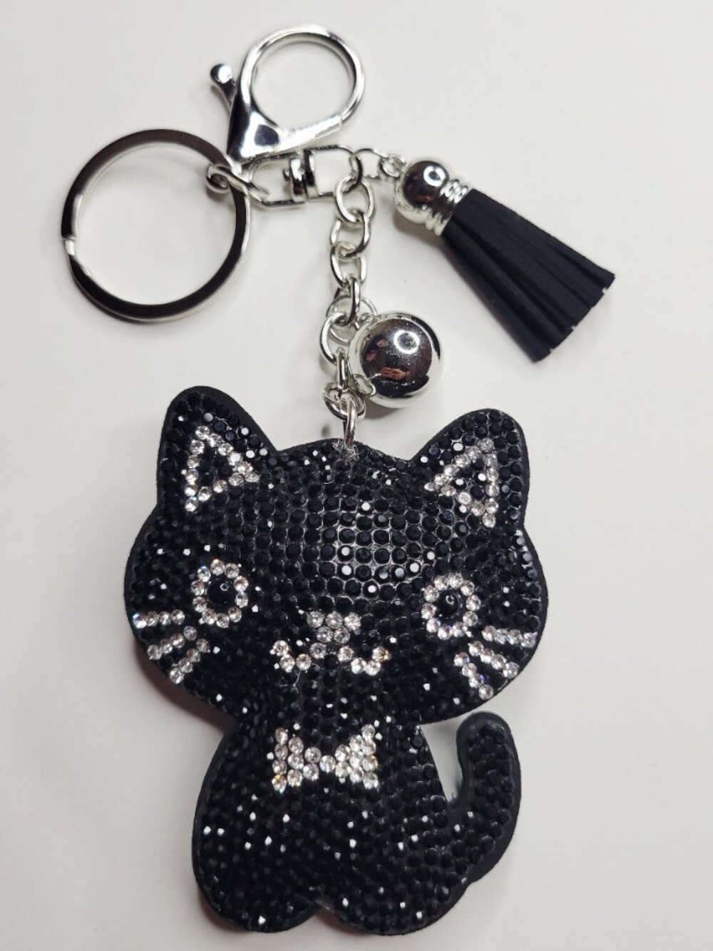 NWT Sparkle Black Cat Key Chain Purse Charm With Tassel And Silver Keyring MEOW